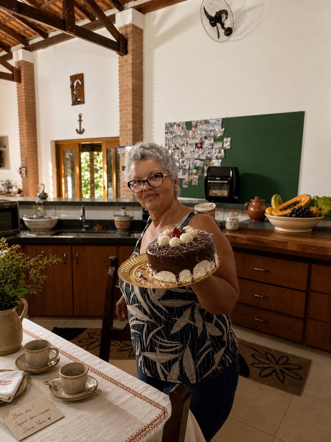 Dona Vera, anfitriã da pousada, com um bolo caseiro