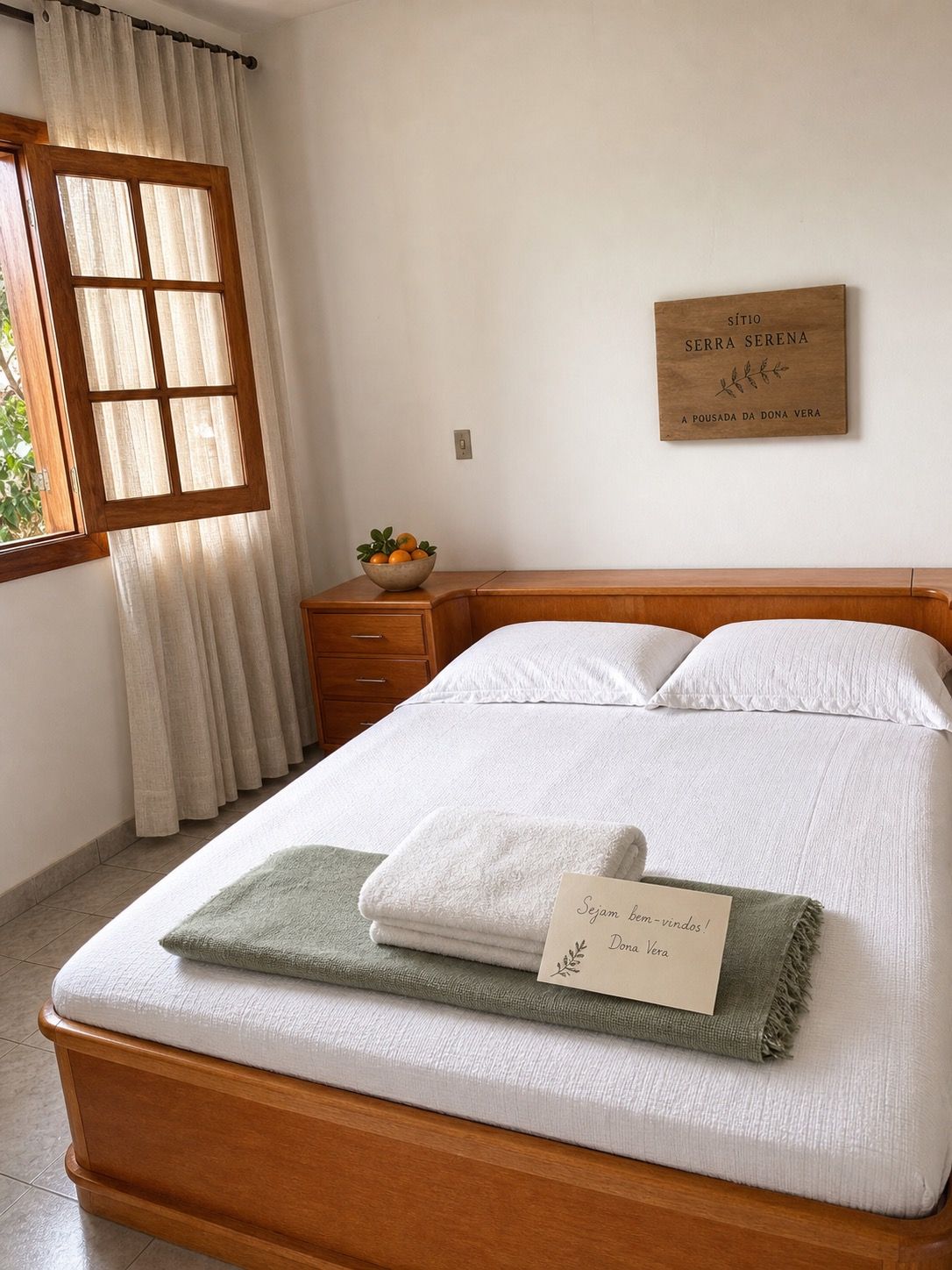 Quarto da suíte com piso claro e janela de madeira