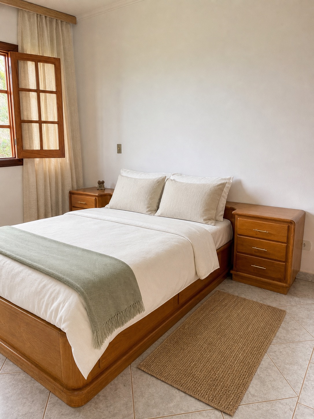 Cama de casal com luz natural filtrada pela cortina de linho cream